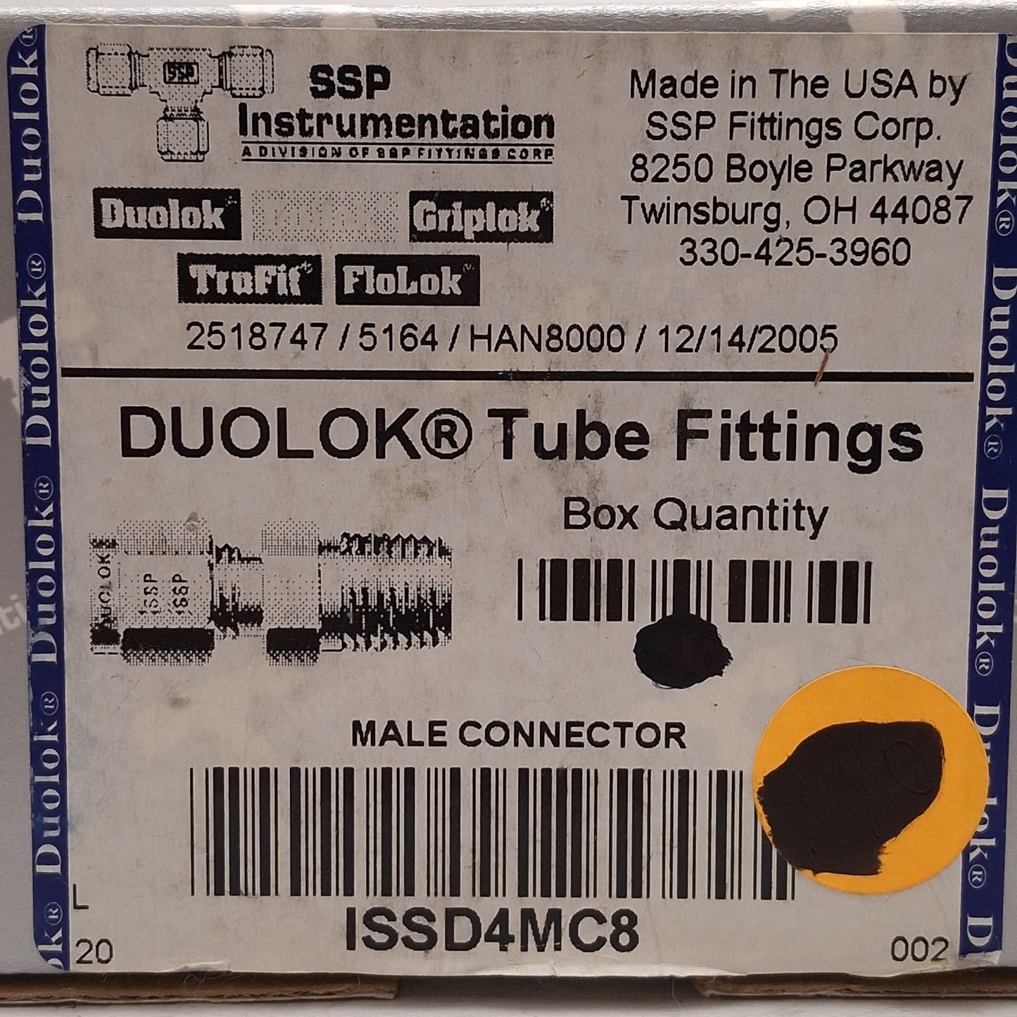 New Lot of 2 SSP ISSD4MC8 Duolok Male Connector, 316SS, ø1/4in OD Tube, 1/2in NPT