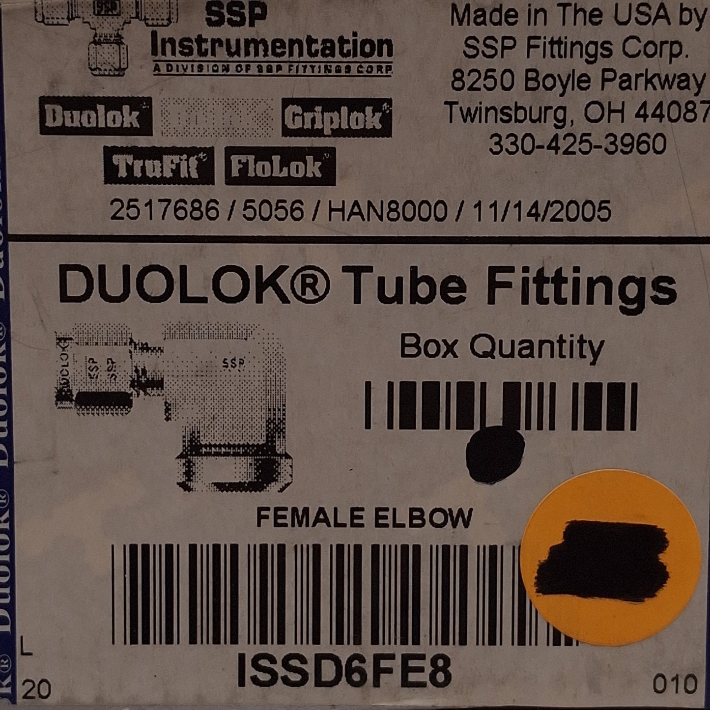 New Lot of 2 SSP ISSD6FE8 Duolok 90° Female Elbow, 316SS, ø3/8in OD Tube, 1/2in NPT
