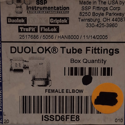 New Lot of 2 SSP ISSD6FE8 Duolok 90° Female Elbow, 316SS, ø3/8in OD Tube, 1/2in NPT