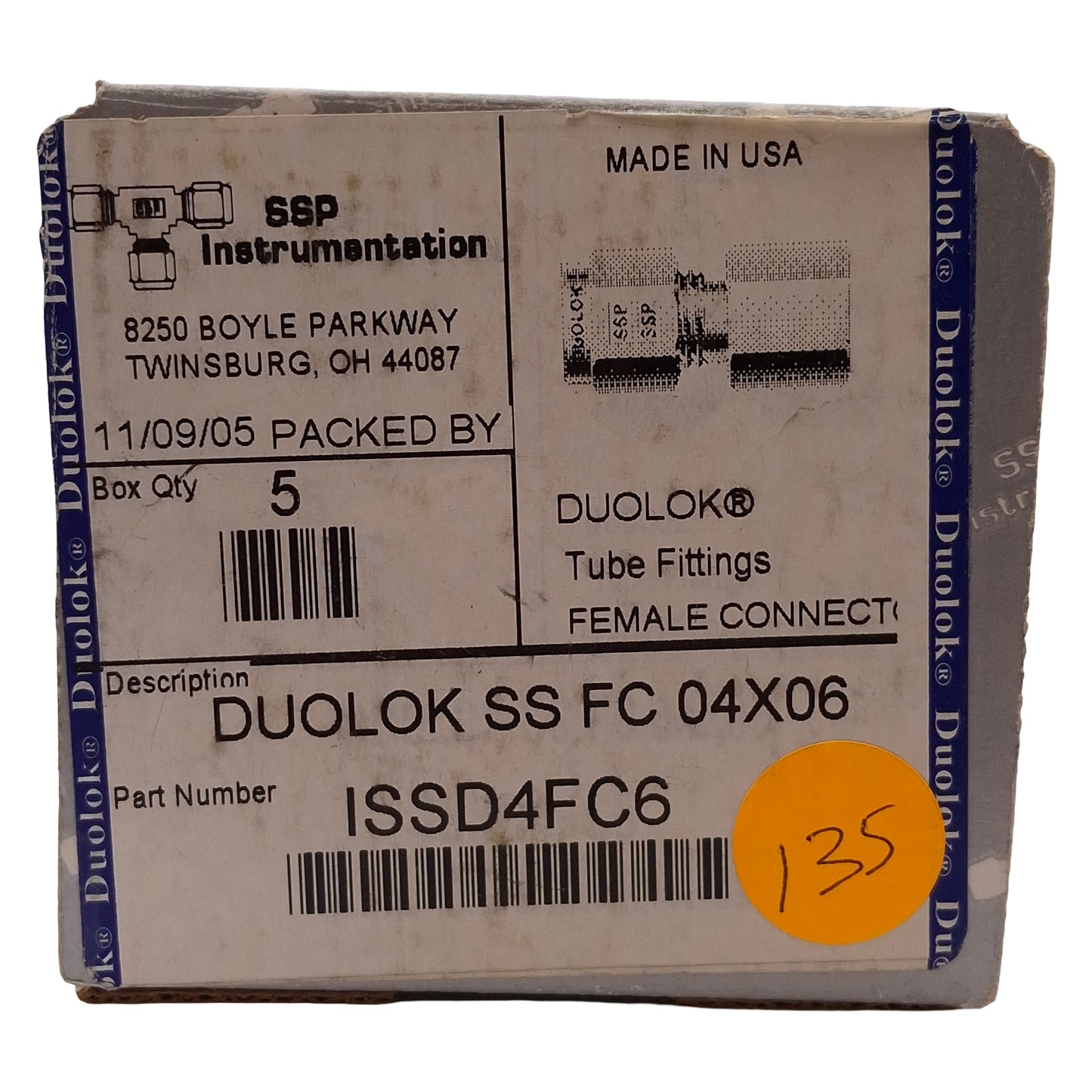 New Lot of 5 SSP ISSD4FC6 Duolok Female Connector, ø1/4in Tube Ferrule, 3/8in NPT