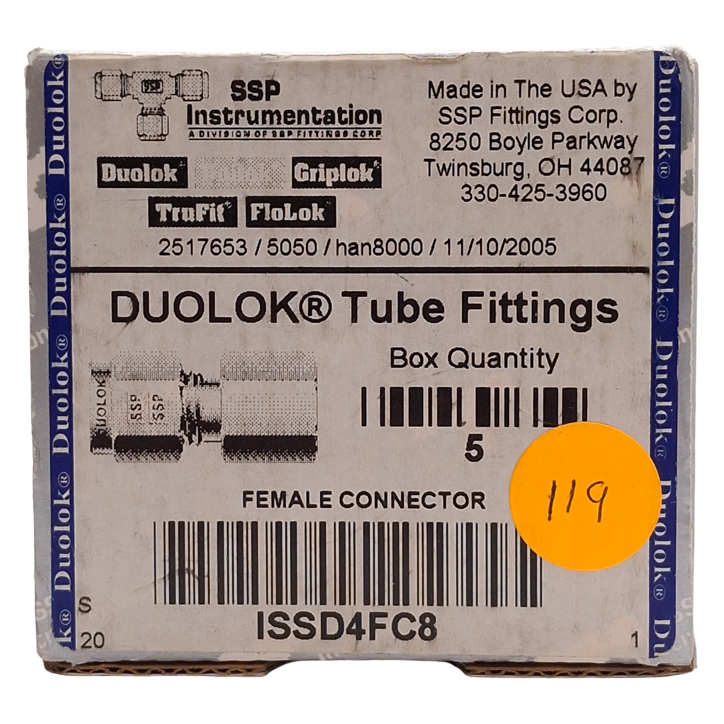 New Lot of 5 SSP ISSD4FC8 Duolok Female Connector, ø1/4in Tube Ferrule, 1/2in NPT