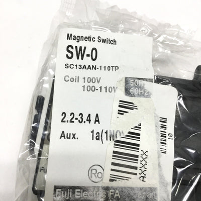 New Fuji SW-0 Magnetic Switch Starter, 3-Pole+1NO, 2.2-3.4A Overload Relay, 100VAC