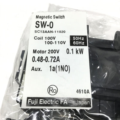 New Fuji SW-0 Magnetic Switch Starter, 3-Pole+1NO, 0.48-0.72A Overload Relay, 100VAC