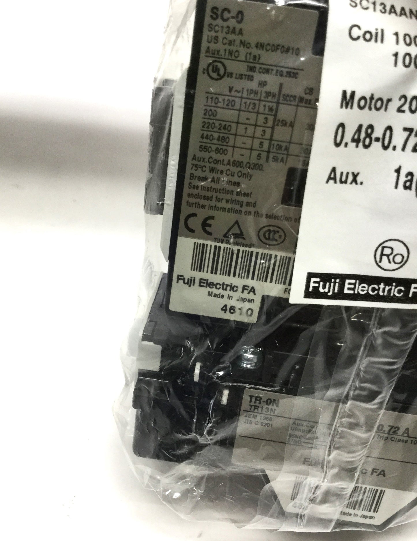 New Fuji SW-0 Magnetic Switch Starter, 3-Pole+1NO, 0.48-0.72A Overload Relay, 100VAC