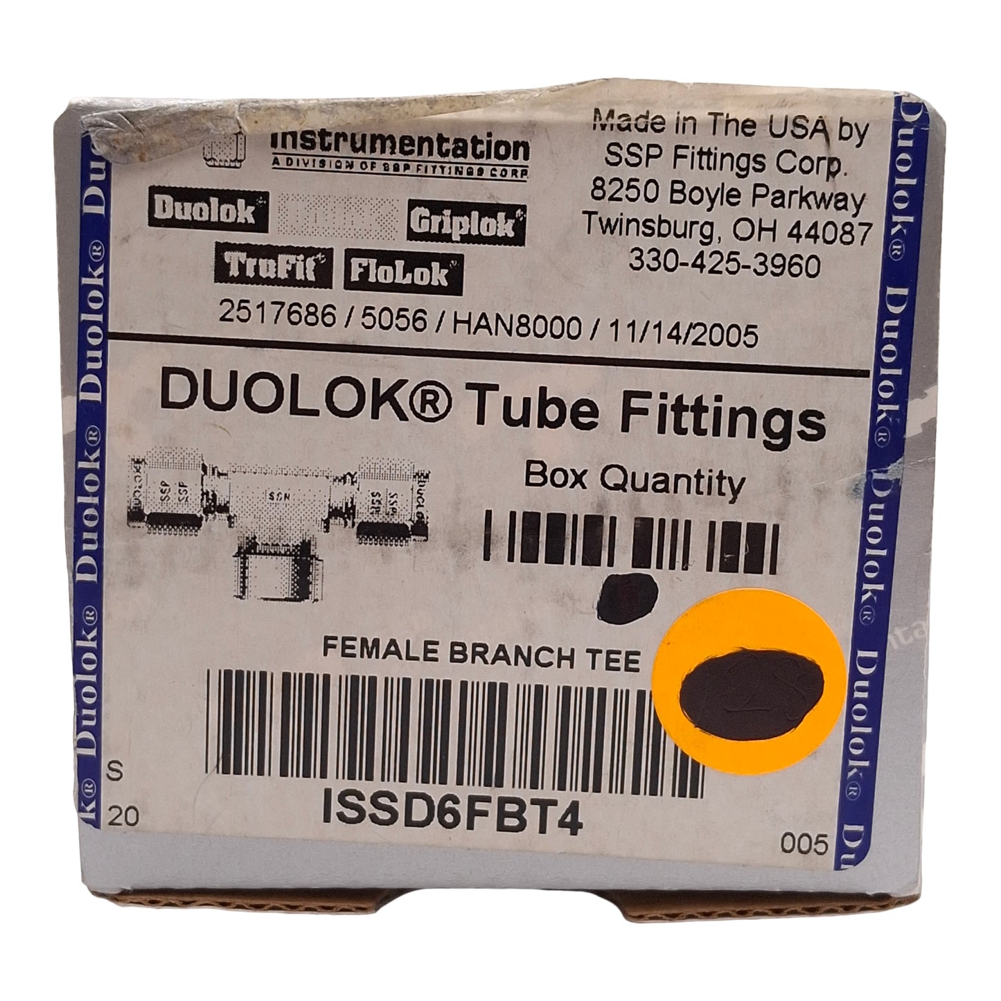 New SSP ISSD6FBT4 Duolok Female Branch Tee Fitting, 316SS, ø1/2in OD Tube, 1/4in NPT