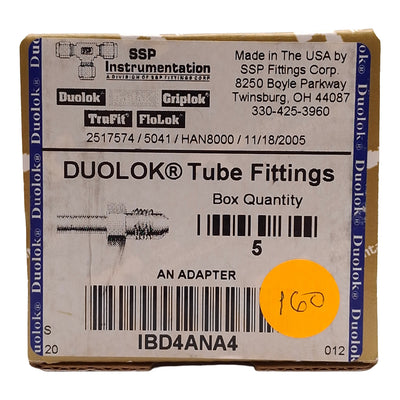 New Lot of 5 SSP IBD4ANA4 Duolok Brass Male AN Adapter ø1/4" Tube Stud 1/4" AN Flare
