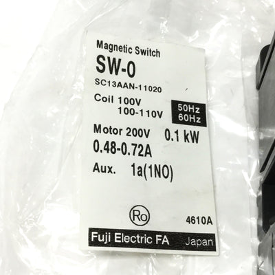 New – Open box Fuji SW-0 Magnetic Starter, 3-Pole+1NO, 0.48-0.72A Overload, 100VAC *Broken Rib*