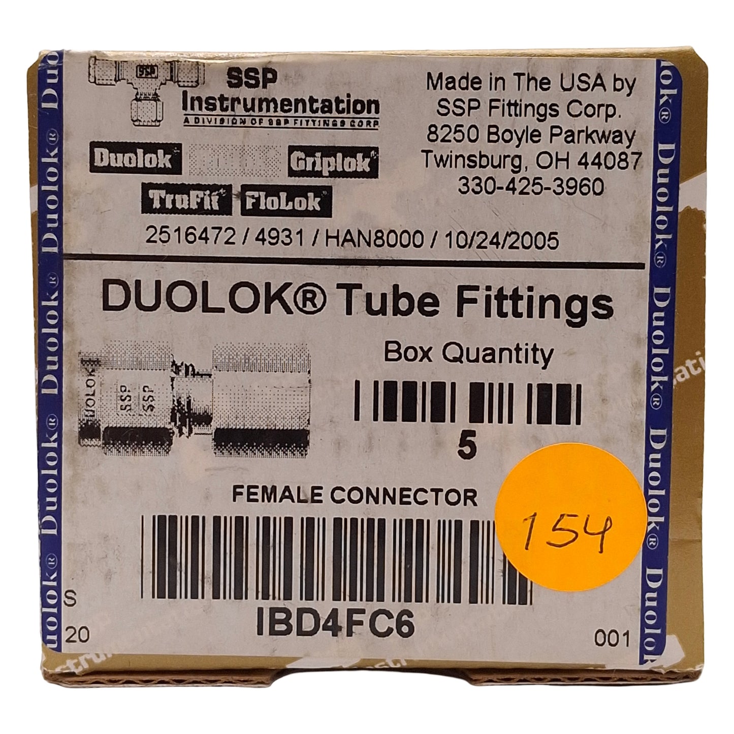 New Lot of 5 SSP IBD4FC6 Duolok Brass Female Connector, ø1/4in OD Tube, 3/8in NPT