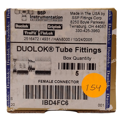 New Lot of 5 SSP IBD4FC6 Duolok Brass Female Connector, ø1/4in OD Tube, 3/8in NPT
