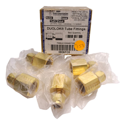 New Lot of 5 SSP IBD6FC8 Duolok Brass Female Connector, ø3/8in OD Tube, 1/2in NPT