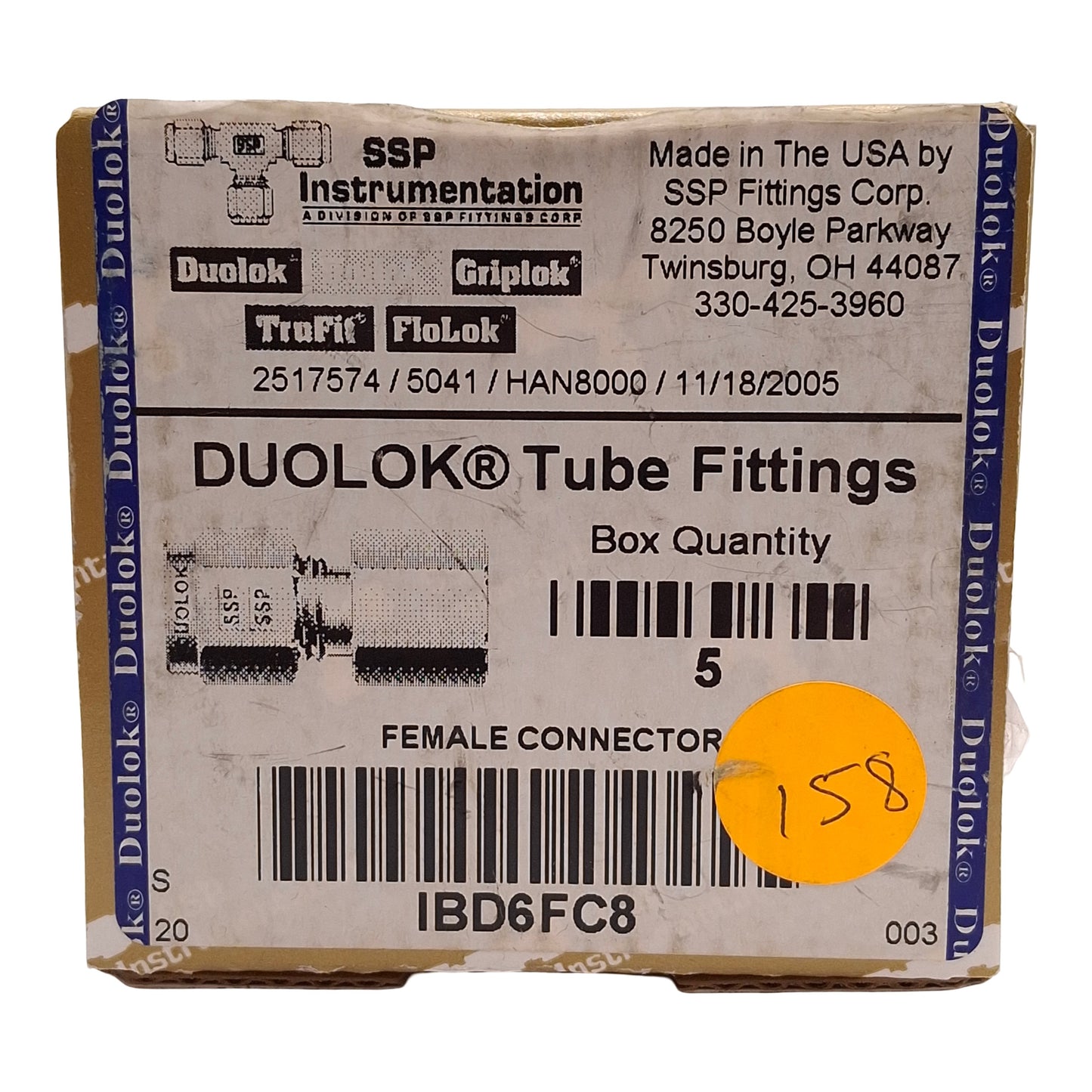 New Lot of 5 SSP IBD6FC8 Duolok Brass Female Connector, ø3/8in OD Tube, 1/2in NPT