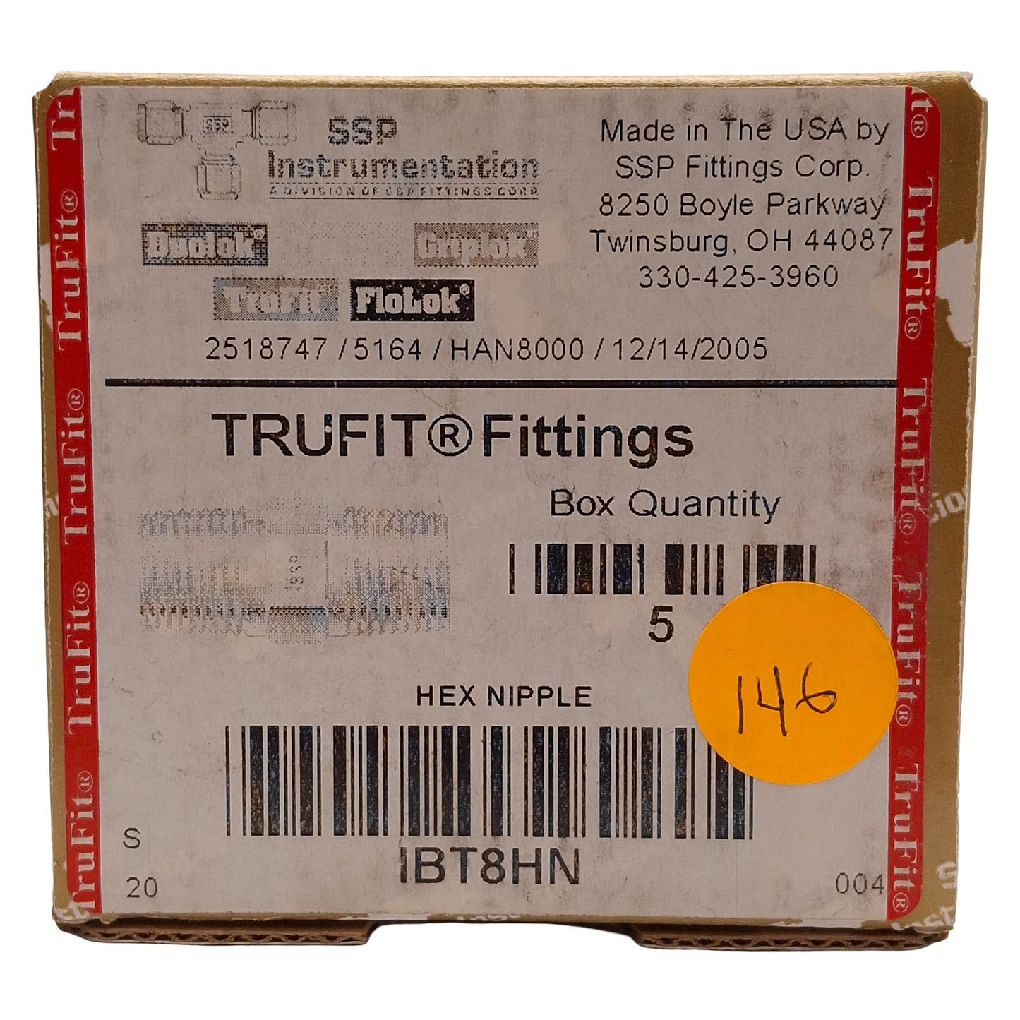 New Lot of 5 SSP IBT8HN Trufit Brass Hex Pipe Nipple, 7/8in Hex, 1/2in NPT Male