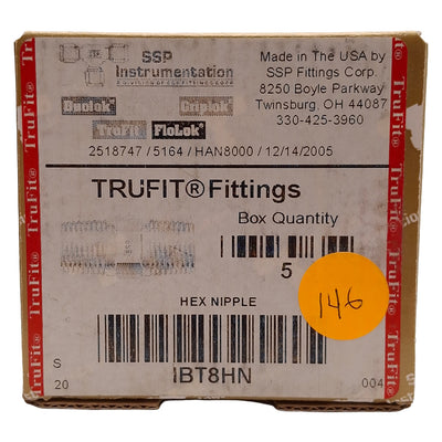 New Lot of 5 SSP IBT8HN Trufit Brass Hex Pipe Nipple, 7/8in Hex, 1/2in NPT Male