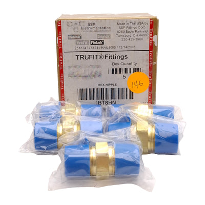 New Lot of 5 SSP IBT8HN Trufit Brass Hex Pipe Nipple, 7/8in Hex, 1/2in NPT Male