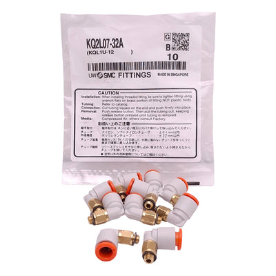 New Lot of 10 SMC KQ2L07-32A One-Touch Union Elbow Fitting, ø1/4in Tube x #10-32UNF