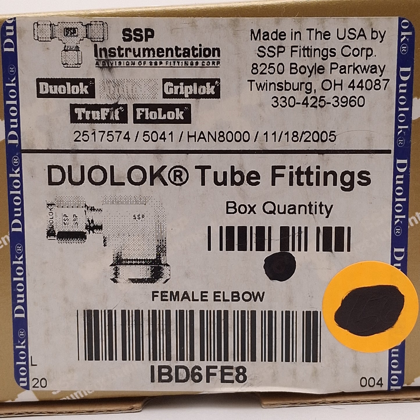 New Lot of 2 SSP IBD6FE8 Duolok Brass Female Elbow, ø3/8in OD Tube, 1/2in NPT