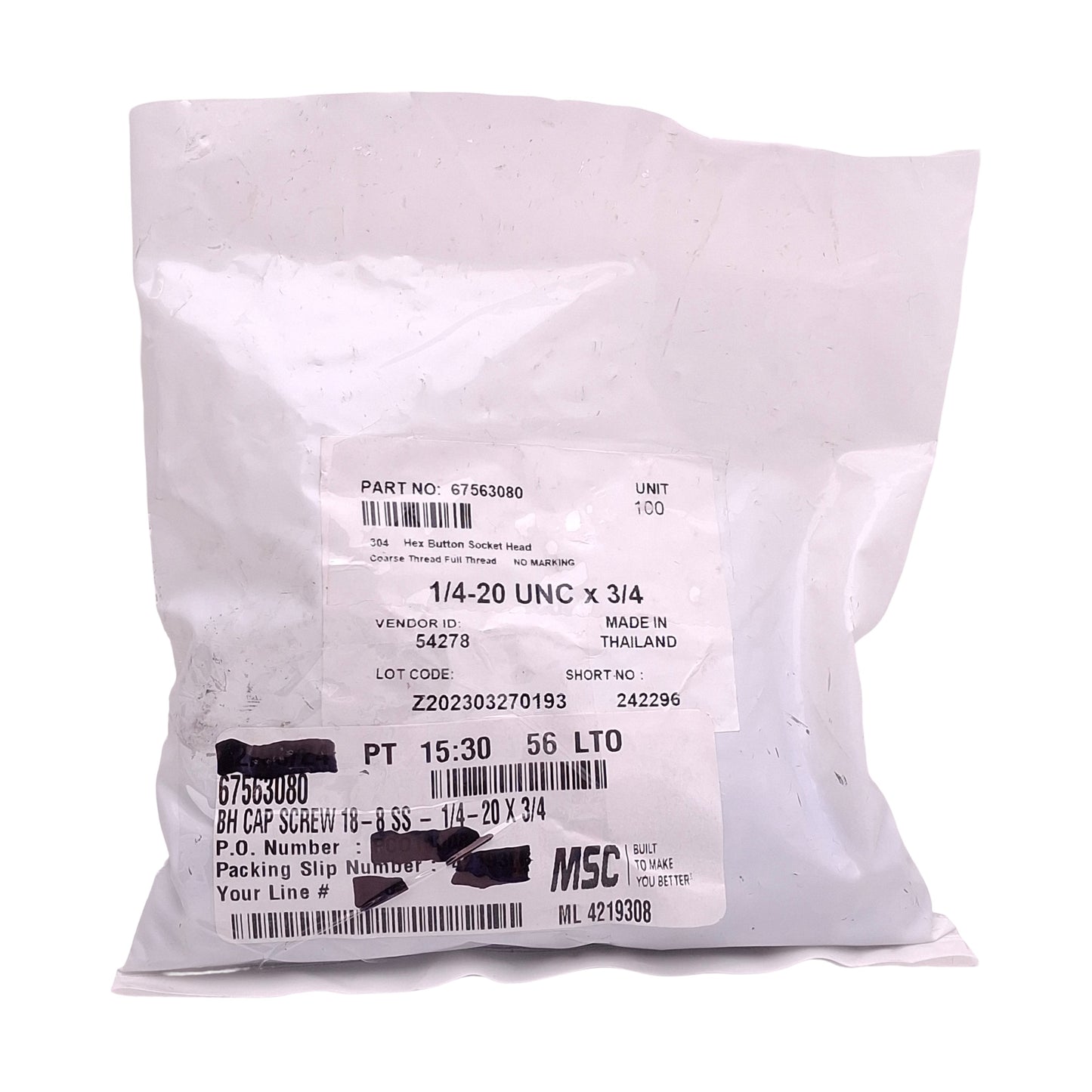 New Lot of 100 MSC 67563080 Button Socket Cap Screw, 1/4in-20 Thread x 3/4in L, SS