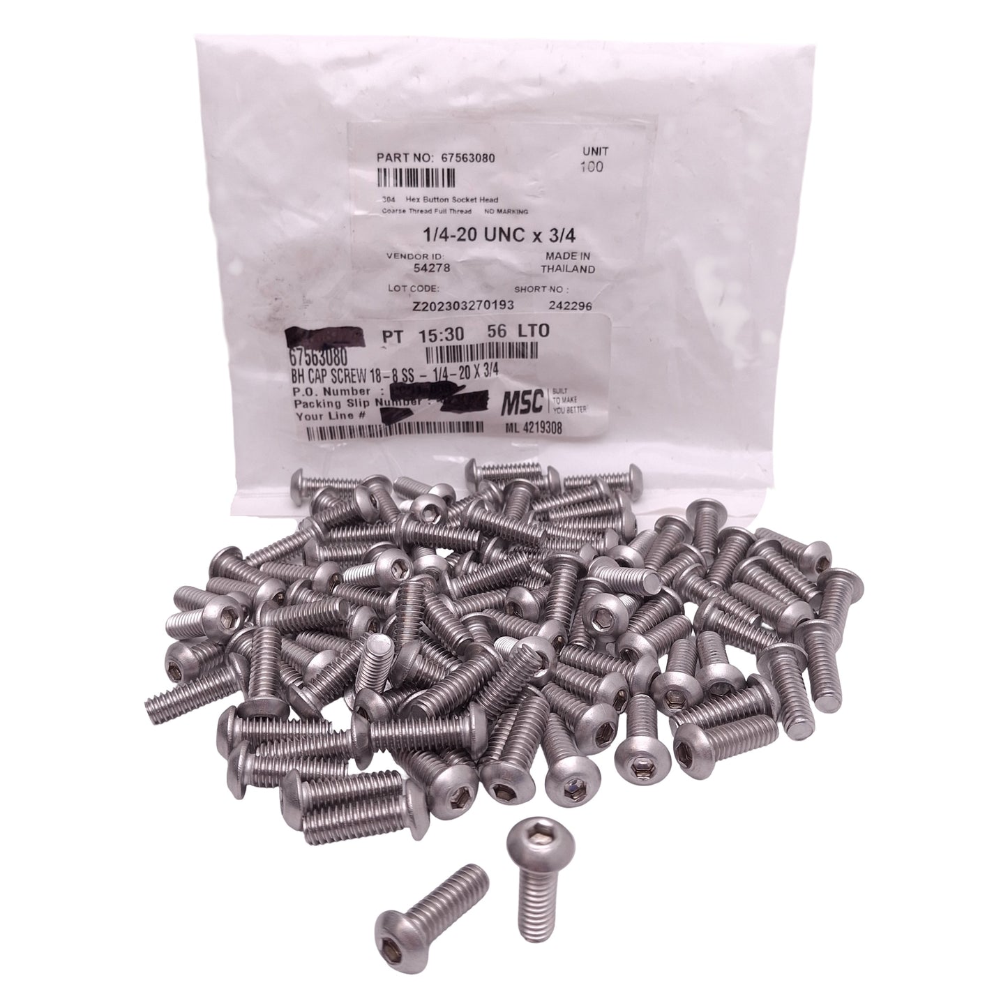 New Lot of 100 MSC 67563080 Button Socket Cap Screw, 1/4in-20 Thread x 3/4in L, SS