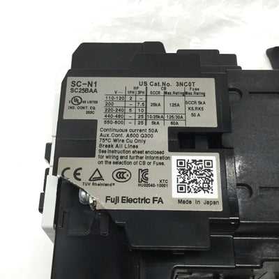 New – Open box Fuji SC-N1 Magnetic Contactor, 50A, 3-Pole, 2NO-2NC Aux, 100VAC *Broken Ribs*