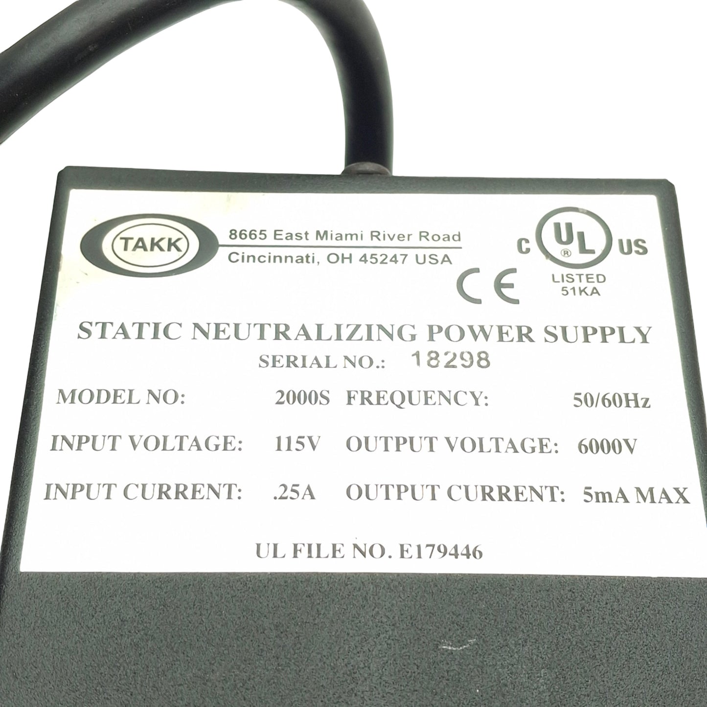 Used Takk Industries 2000S Power Supply For Static Eliminators, 115VAC Input, 6000V