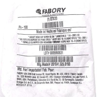 New Lot of 100 Grainger U51041.025.0150 Socket Head Cap Screws, 1/4"-28 x 1-1/2"