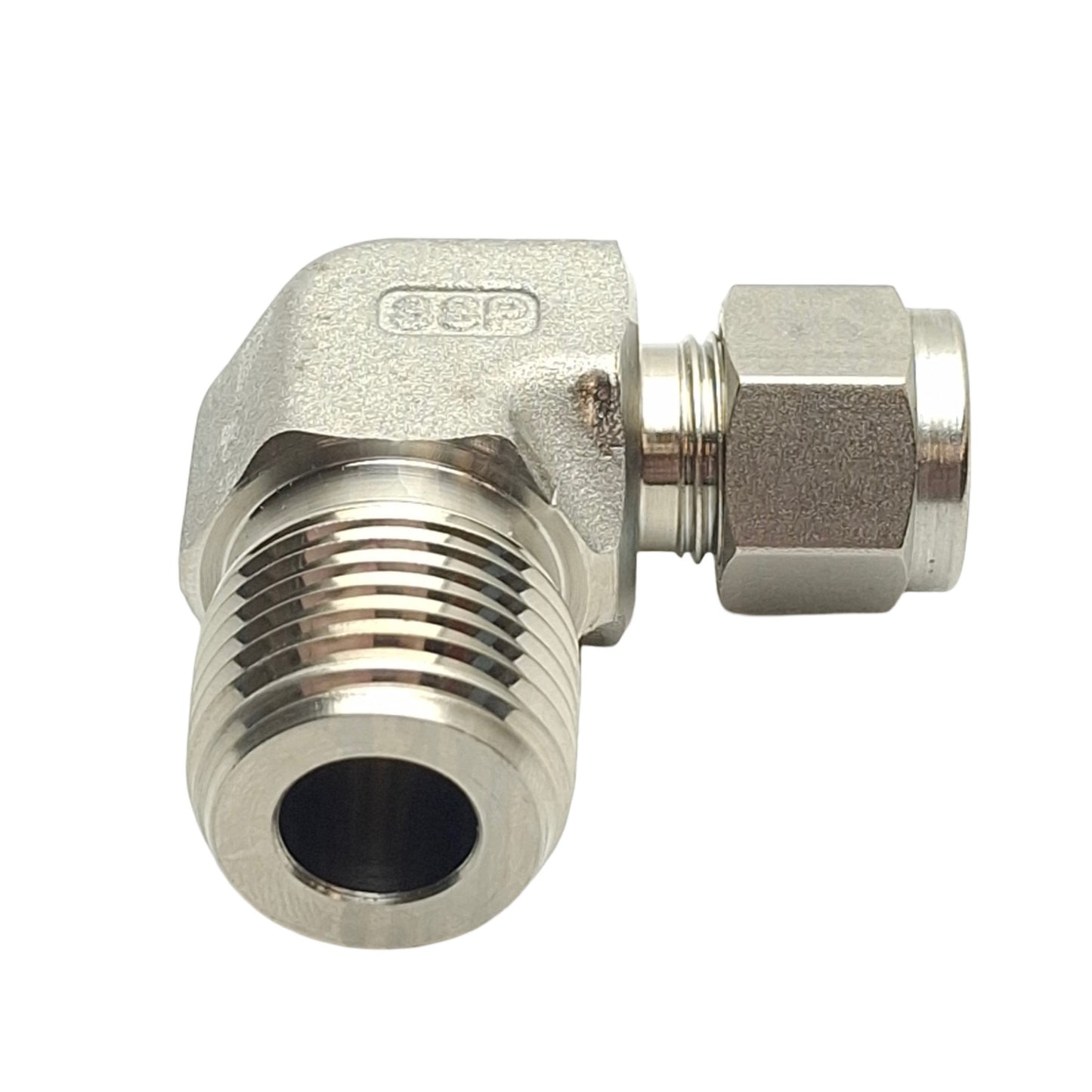 New – Open box SSP ISSD6ME8 Duolok Male Elbow Fitting 90° 1/2in NPT to 3/8in OD Tube, Stainless