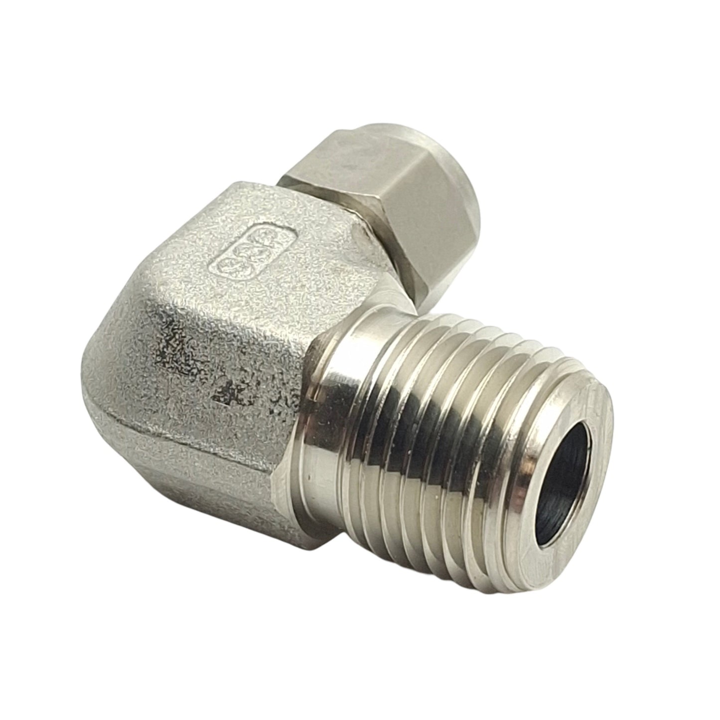 New – Open box SSP ISSD6ME8 Duolok Male Elbow Fitting 90° 1/2in NPT to 3/8in OD Tube, Stainless