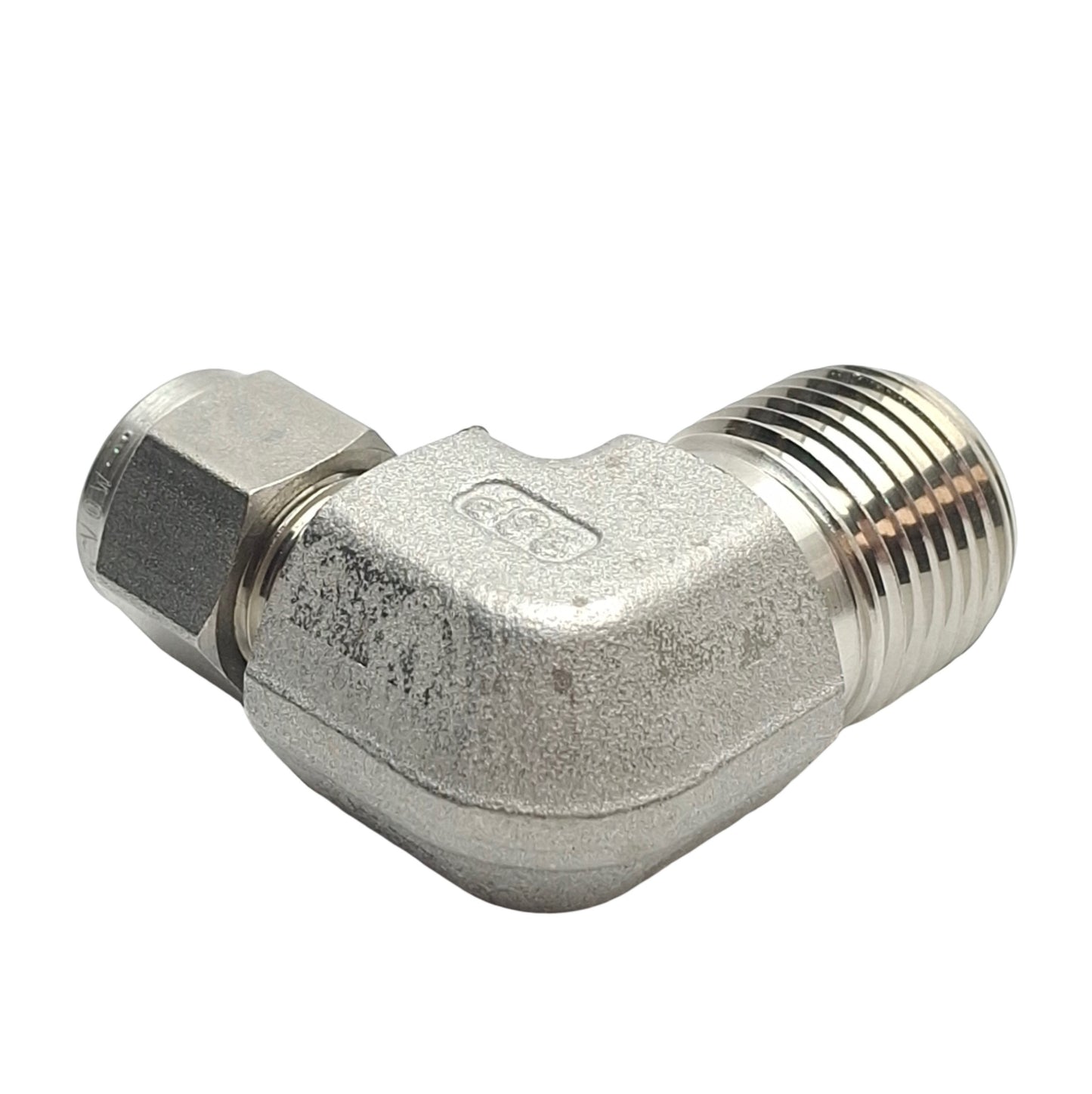 New – Open box SSP ISSD6ME8 Duolok Male Elbow Fitting 90° 1/2in NPT to 3/8in OD Tube, Stainless