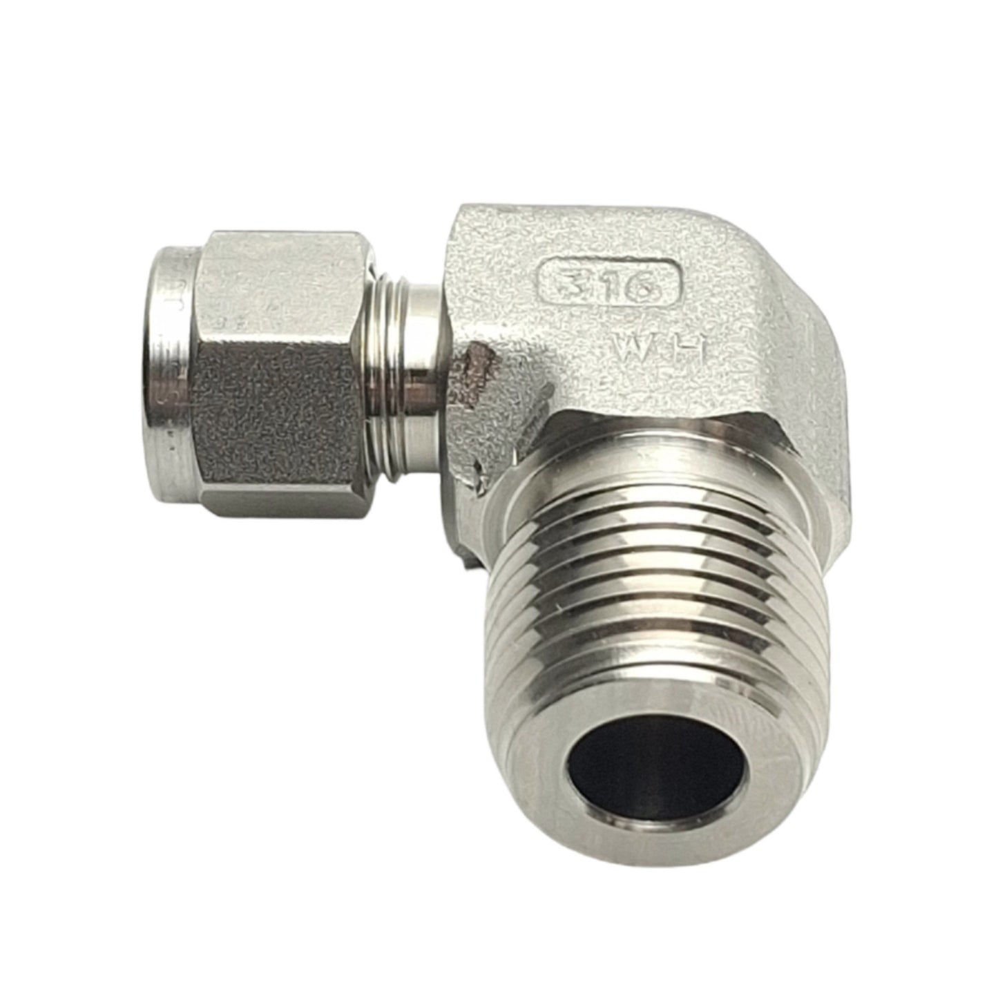 New – Open box SSP ISSD6ME8 Duolok Male Elbow Fitting 90° 1/2in NPT to 3/8in OD Tube, Stainless