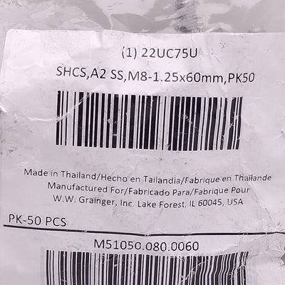 New Lot of 50 Grainger M51050.080.0060 Socket Head Cap Screw M8-1.25 Thread x 60mm L