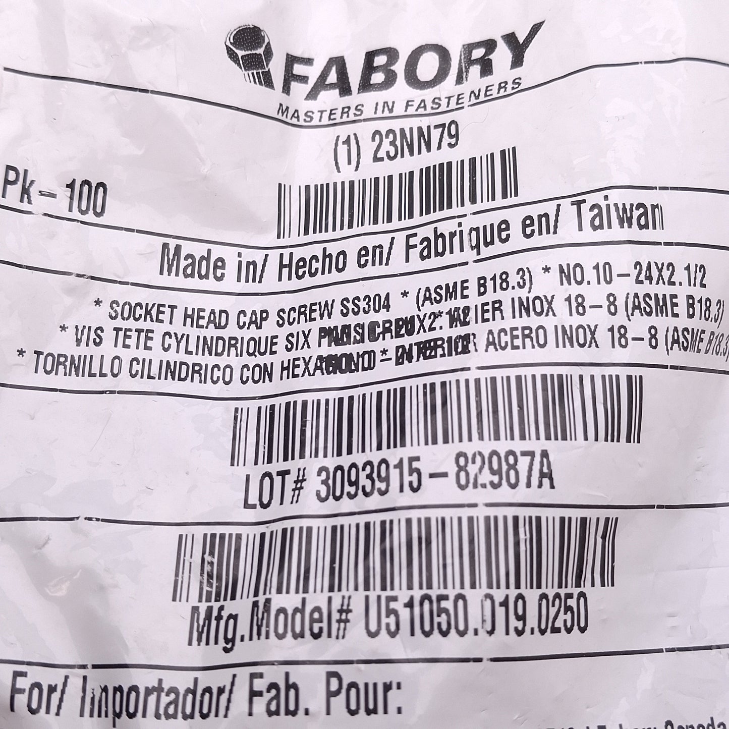 New Lot of 100 Fabory U51050.019.0250 Hexagon Socket Head Cap Screw #10-24 x 2-1/2in