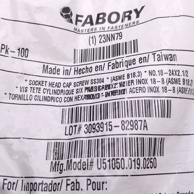 New Lot of 100 Fabory U51050.019.0250 Hexagon Socket Head Cap Screw #10-24 x 2-1/2in