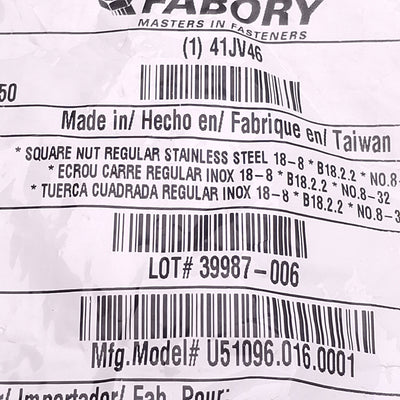 New Lot of 100 Fabory U51096.016.0001 Square Nut, #8-32 Thread, 11/32in W x 1/8in H