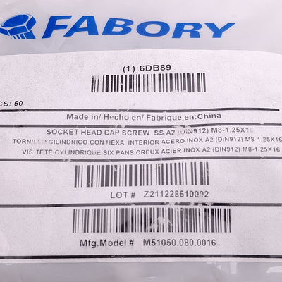 New Lot of 50 Fabory M51050.080.0016 Socket Head Cap Screw, M8-1.25 Thread x 16mm L