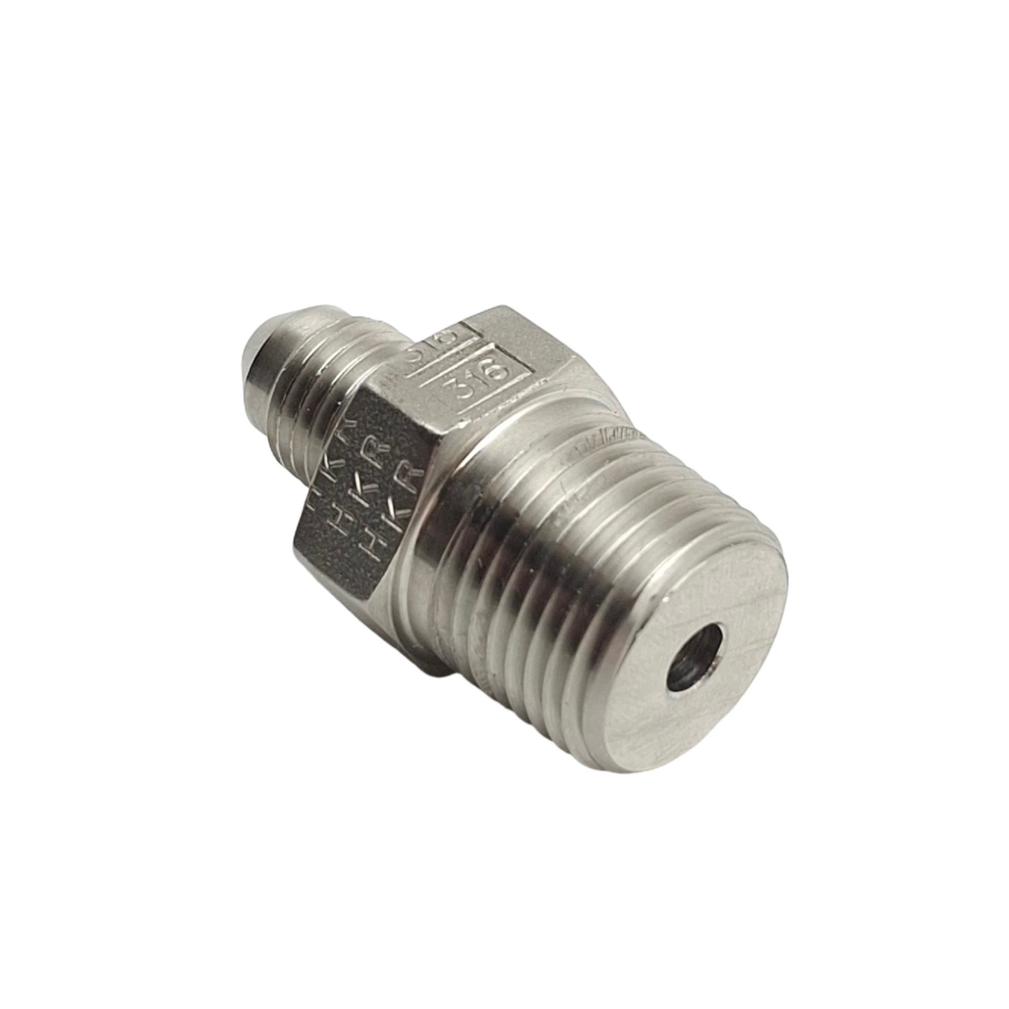 New – Open box SSP J4-6C Male Connector Fitting, 1/4in Male SAE 37° Flare to 3/8in NPT Male