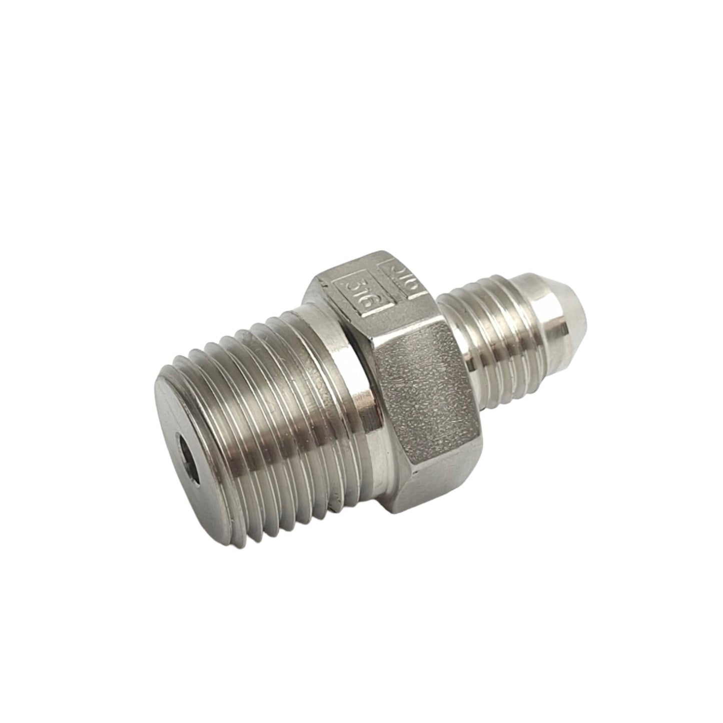 New – Open box SSP J4-6C Male Connector Fitting, 1/4in Male SAE 37° Flare to 3/8in NPT Male