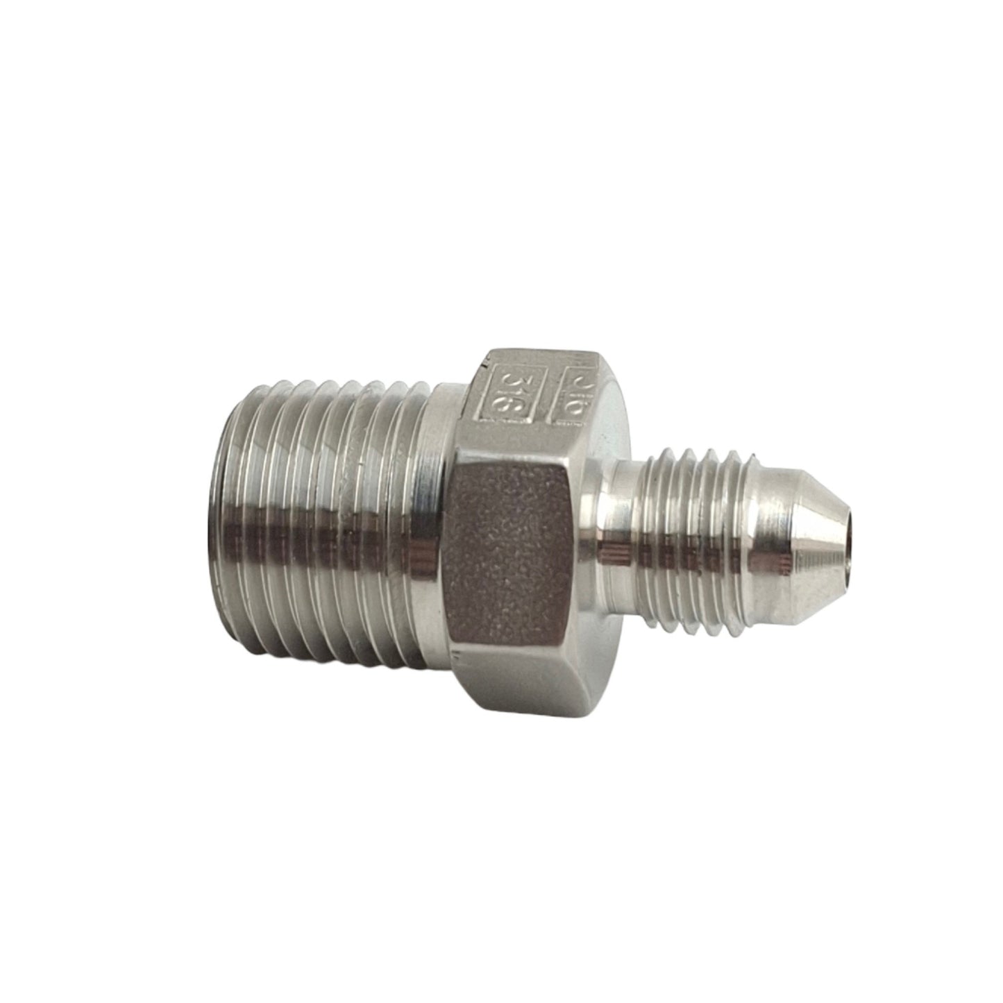 New – Open box SSP J4-6C Male Connector Fitting, 1/4in Male SAE 37° Flare to 3/8in NPT Male