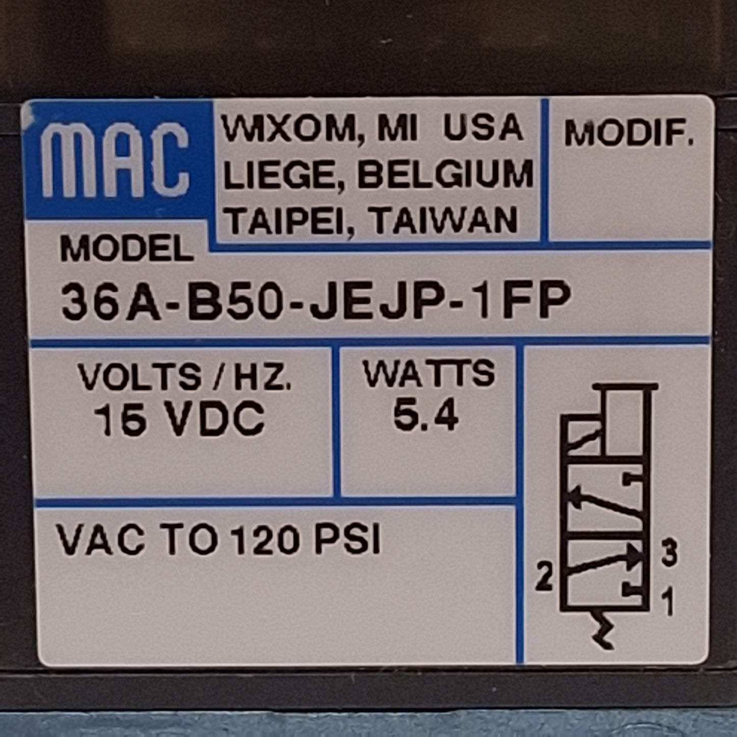 Used Mac 36A-B50-JEJP-1FP Solenoid Valve, Plug-In, 3/2-Way, Vacuum~120psi, 15VDC Coil