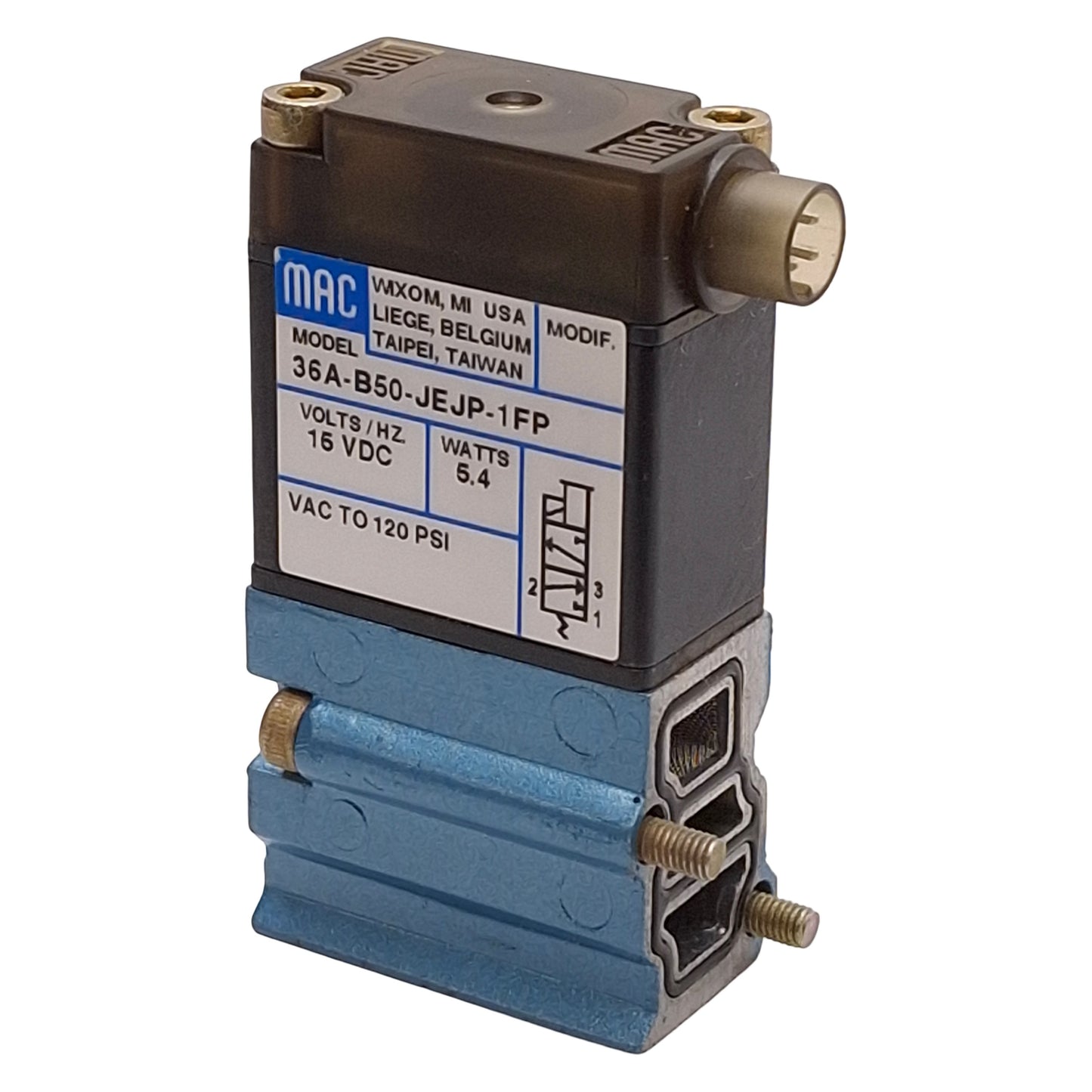 Used Mac 36A-B50-JEJP-1FP Solenoid Valve, Plug-In, 3/2-Way, Vacuum~120psi, 15VDC Coil