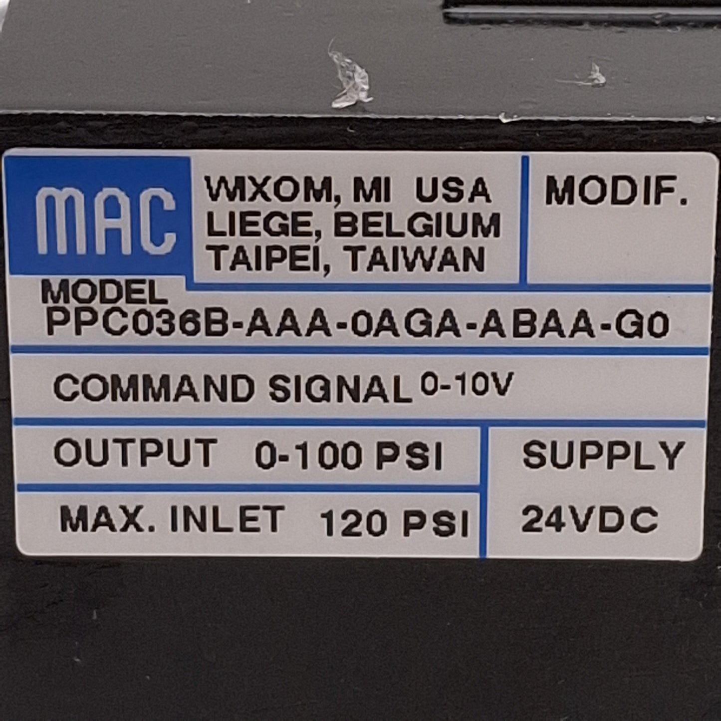 Used Mac PPC036B-AAA-0AGA-ABAA-G0 Solenoid Valve Manifold Base 120psi, 1/8NPTF, 24VDC