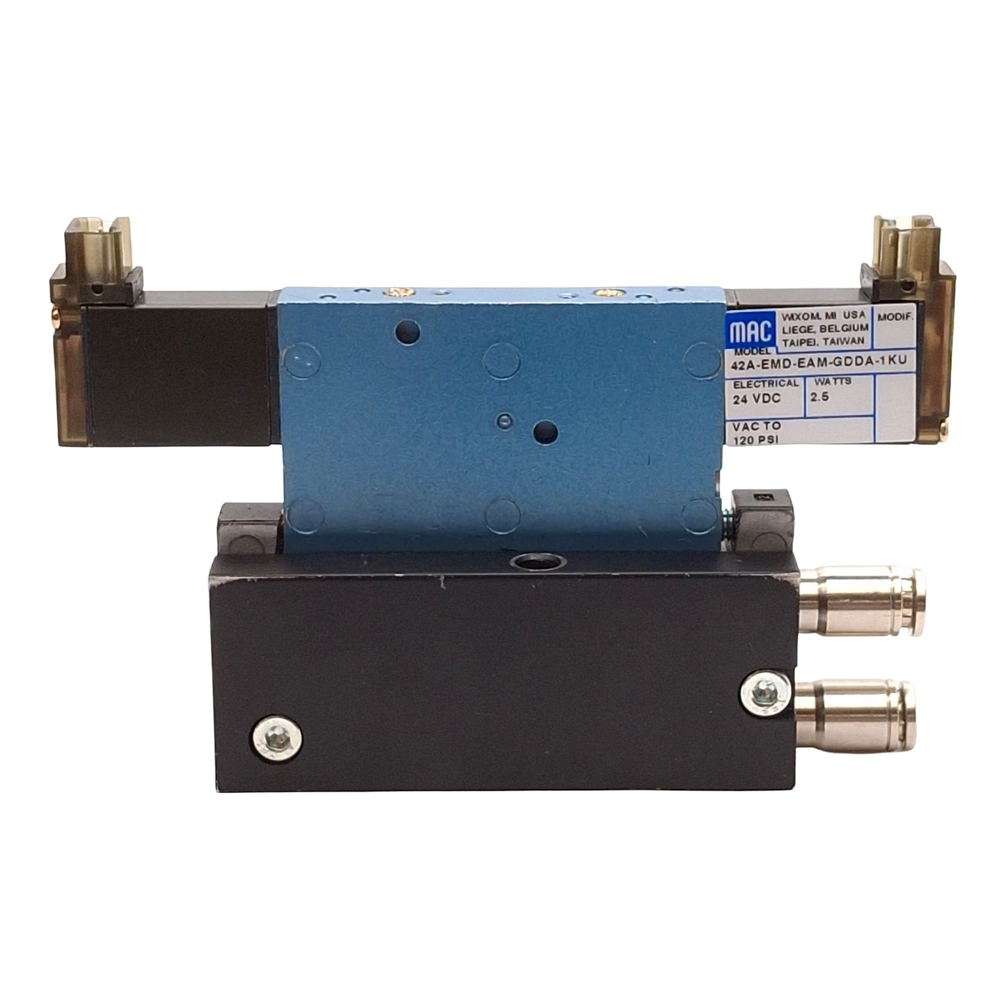 Used MAC 42A-EMD-EAM-GDDA-1KU Solenoid Valve, 5/3-Way, 120psi, 1/4in NPT, 24VDC Coil