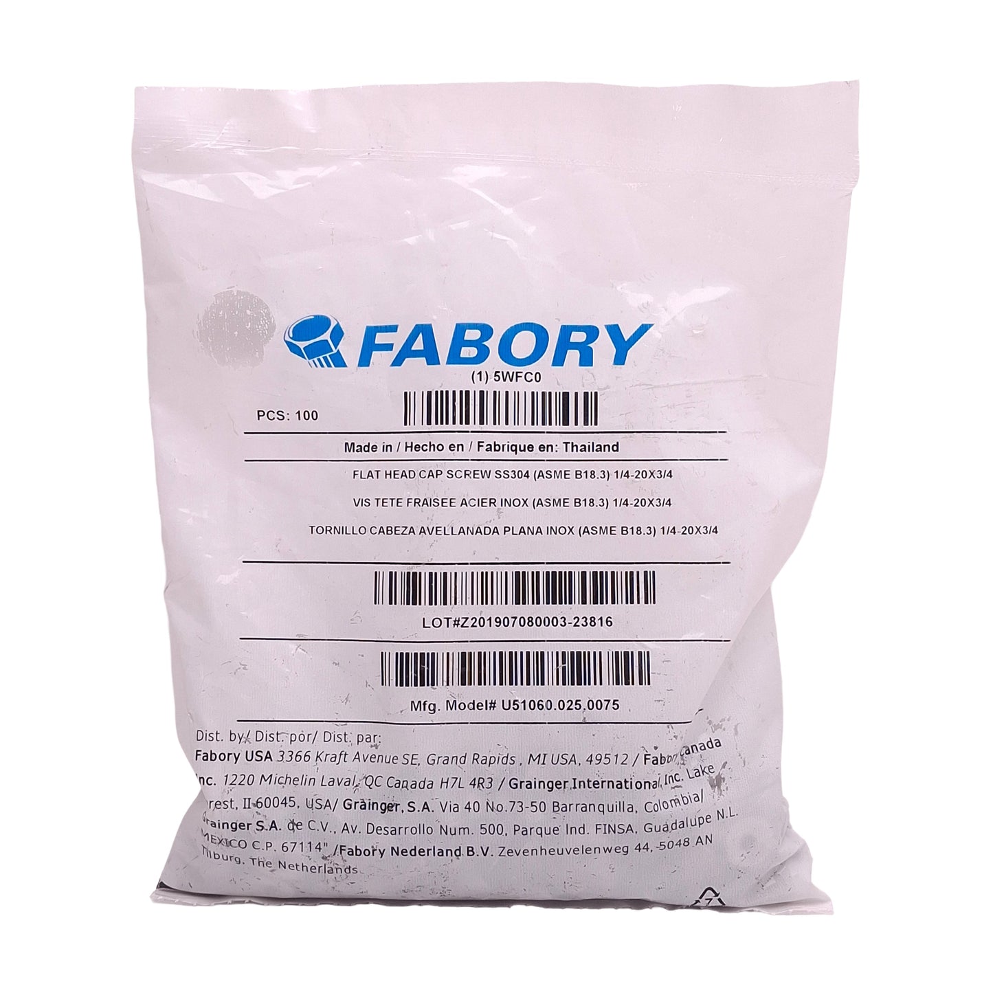 New Lot of 100 Fabory U51060.025.0075 Flat Head Cap Screw, 1/4in-20 Thread x 3/4in L