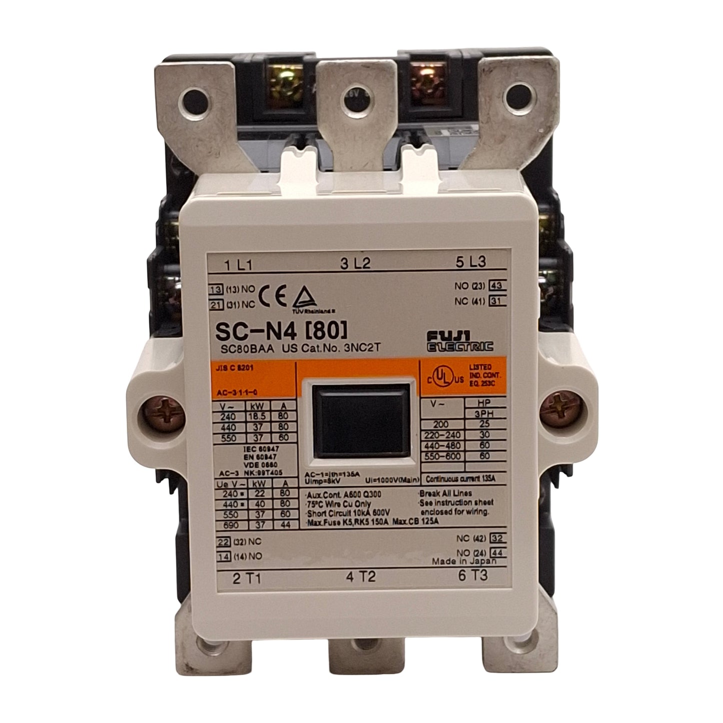 New Fuji SC-N4 Contactor, 3-Pole, 2NO+2NC Aux, 80A, 22kW @ 240VAC, 24-26VAC Coil