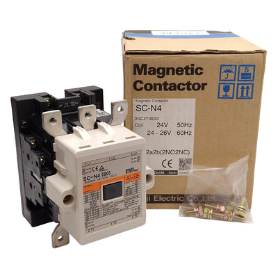 New Fuji SC-N4 Contactor, 3-Pole, 2NO+2NC Aux, 80A, 22kW @ 240VAC, 24-26VAC Coil