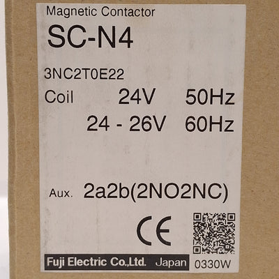New Fuji SC-N4 Contactor, 3-Pole, 2NO+2NC Aux, 80A, 22kW @ 240VAC, 24-26VAC Coil