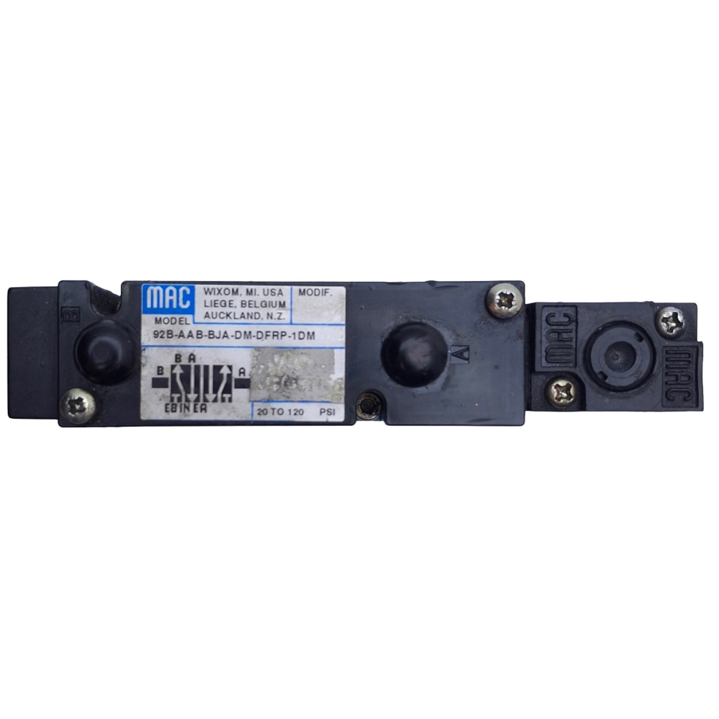 Used MAC 92B-AAB-BJA-DM-DFRP-1DM Solenoid Piloted Valve 5 Position 2 Port,120PSI Max