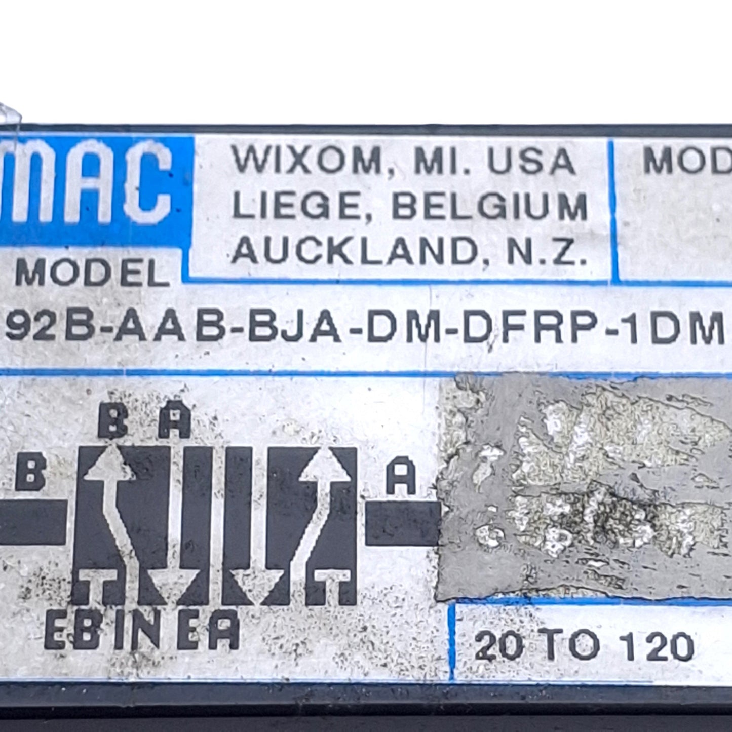 Used MAC 92B-AAB-BJA-DM-DFRP-1DM Solenoid Piloted Valve 5 Position 2 Port,120PSI Max