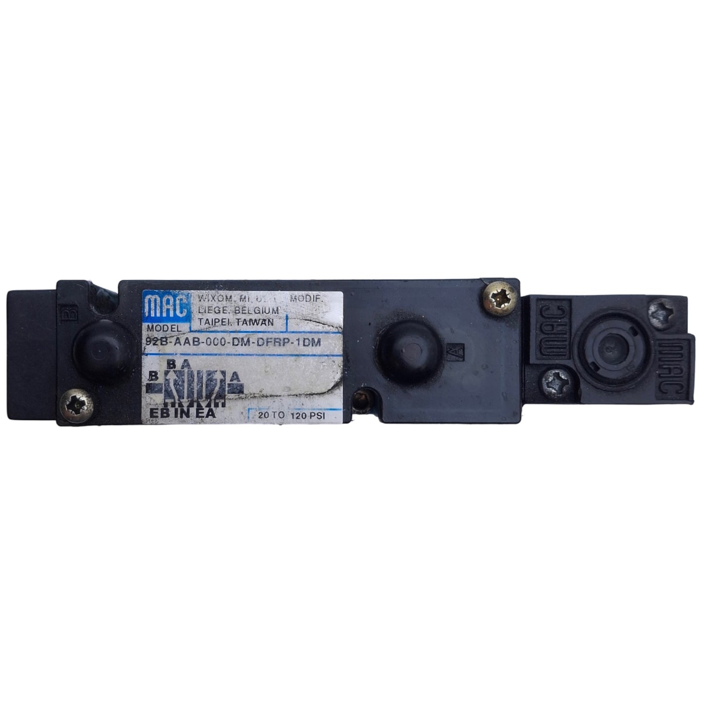 Used MAC 92B-AAB-000-DM-DFRP-1DM Solenoid Piloted Valve 5 Position 2 Port,120PSI Max
