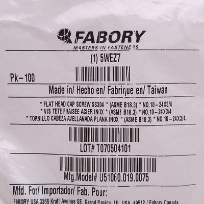 New Lot of 200 Fabory U51060.019.0075 Socket Flat Head Screw #10-24 Thread x 3/4in L