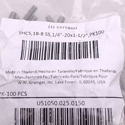 New Lot of 100 Grainger M51050.025.0150 Socket Head Cap Screw 1/4in-20 T x 1-1/2in L